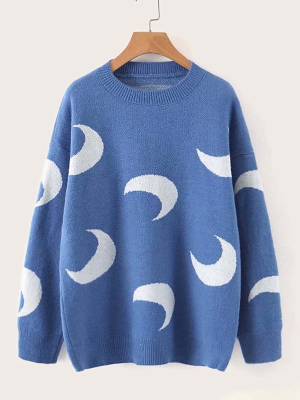 

Drop Shoulder Moon Print Jumper, Blue