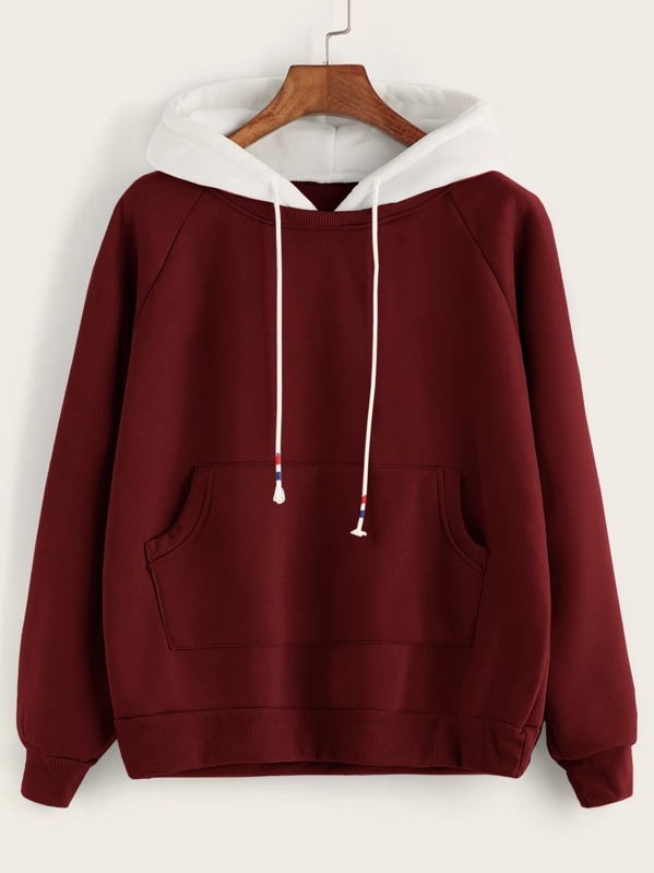 

Kangaroo Pocket Drawstring Contrast Hoodie, Burgundy