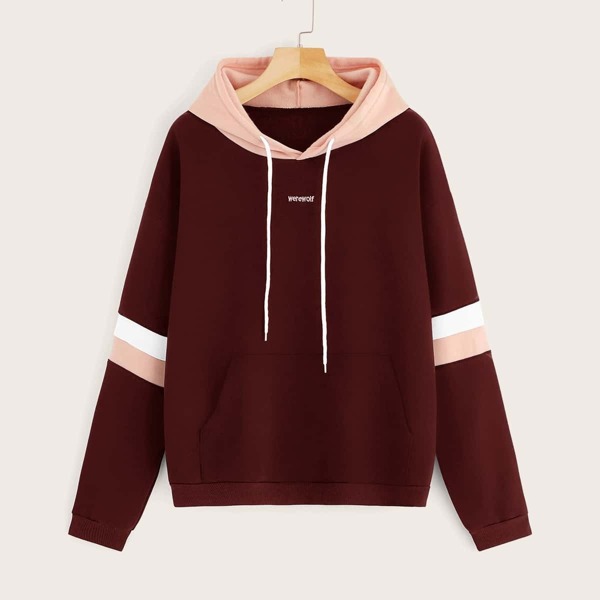 

Letter Embroidery Drawstring Contrast Hoodie, Burgundy