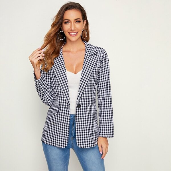 

Flap Pocket Gingham Label Collar Blazer, Black and white