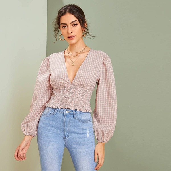 

Plunging Neck Bishop Sleeve Shirred Crop Blouse, Pink