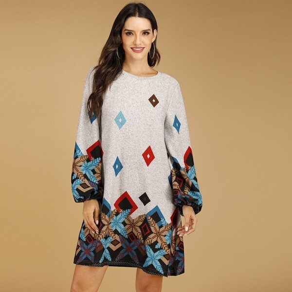 

Bishop Sleeve Geometric Print Dress, Grey