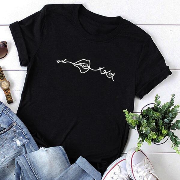 

Round Neck Lip Print Tee, Black