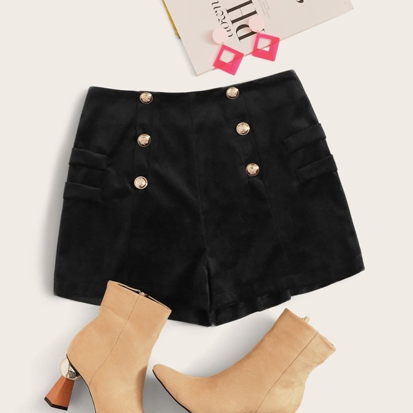 

Double Button Velvet Straight Leg Shorts, Black