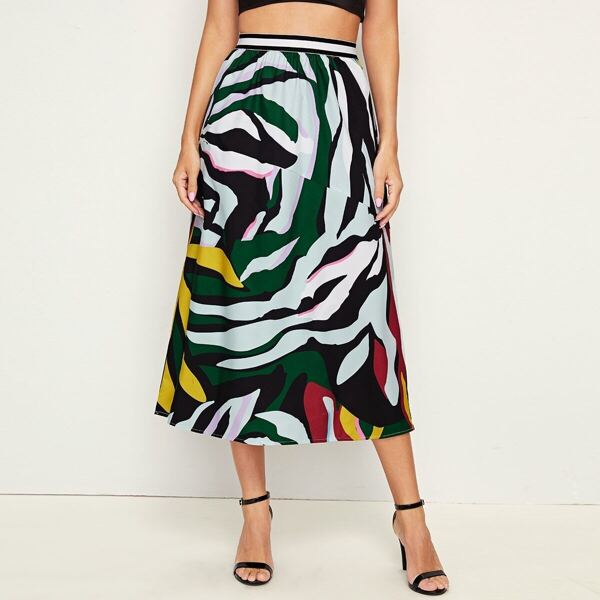 

Zebra pattern Elastic Waist A-line Skirt