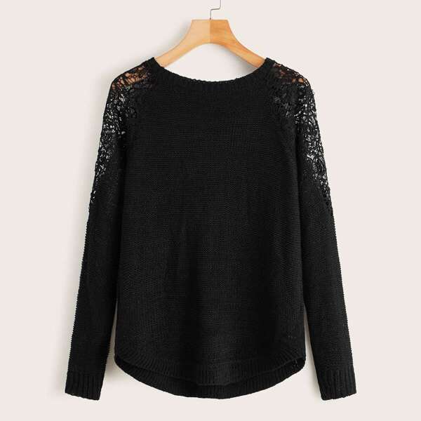

Contrast Lace Curved Hem Sweater
