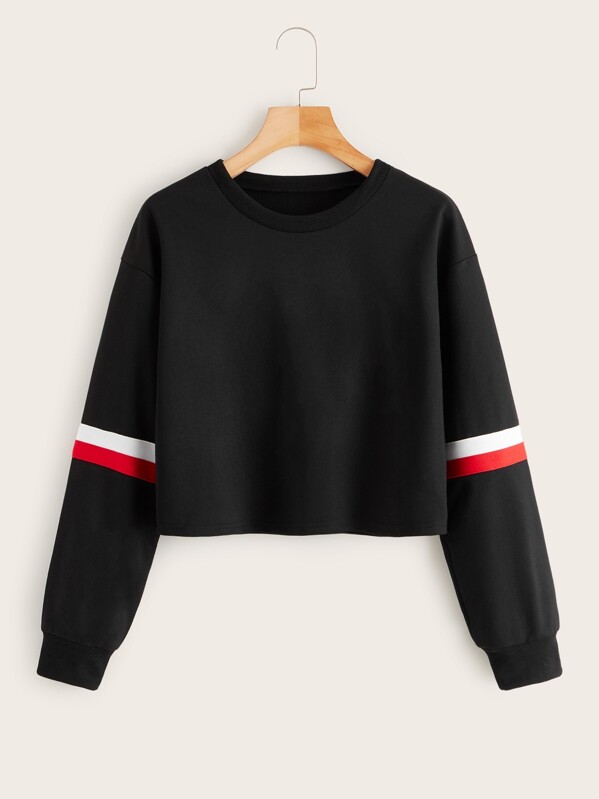 

Varsity Striped Round Neck Sweatshirt, Black