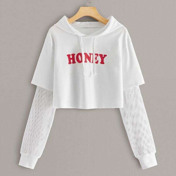 

Contrast Fishnet Sleeve Letter Graphic Hoodie, White