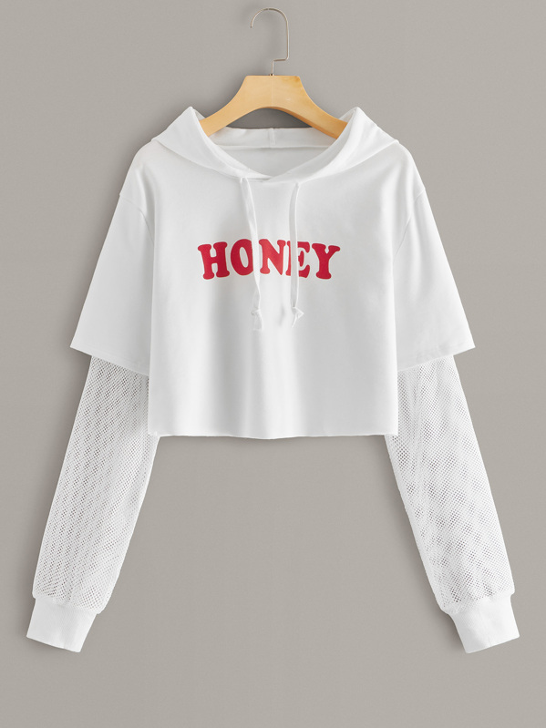 

Contrast Fishnet Sleeve Letter Graphic Hoodie, White