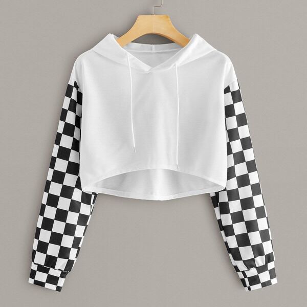 

Contrast Checker Sleeve Dip Hem Drawstring Hoodie, White