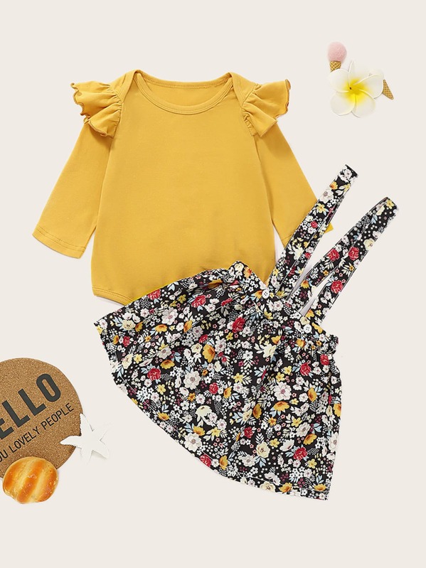 

Baby Girl Ruffle Trim Top With Allover Floral Pinafore Skirt, Multicolor
