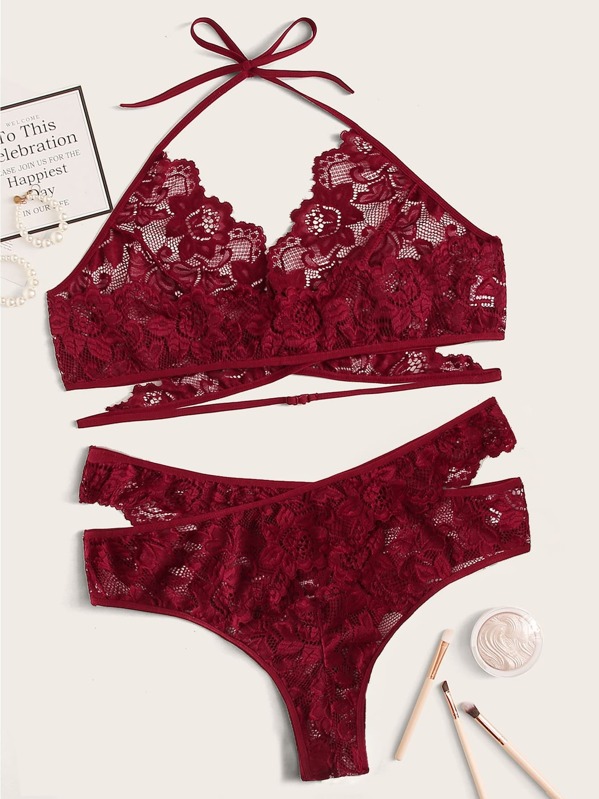 

Plus Floral Lace Halter Lingerie Set, Burgundy