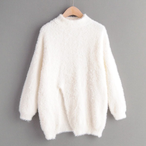 

Stand Collar V-cut Hem Fuzzy Sweater