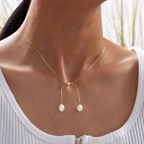 

Faux Pearl Charm Necklace 1pc, Gold