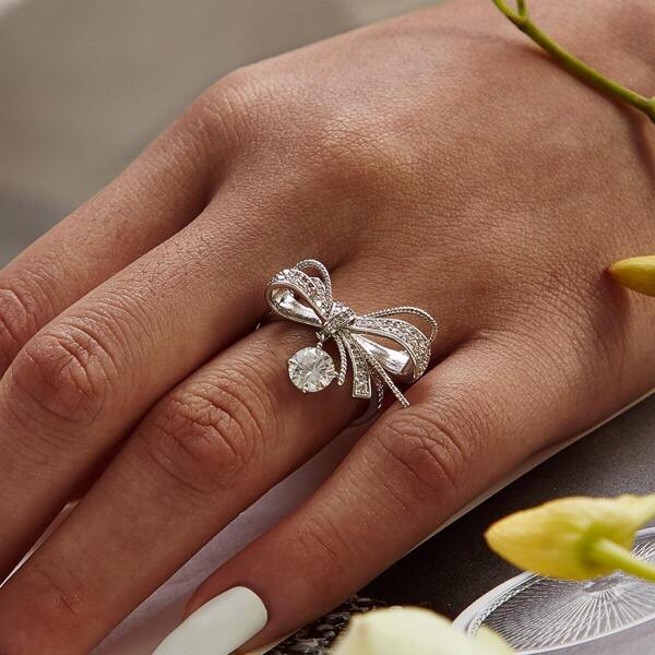 

Rhinestone Engraved Bow Knot Decor Ring 1pc, Silver