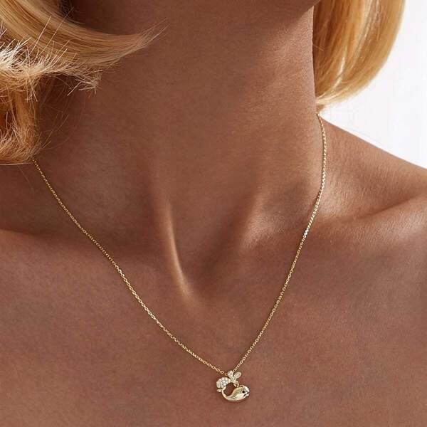 

Rhinestone Engraved Whale Charm Necklace 1pc, Gold