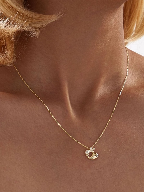 

Rhinestone Engraved Whale Charm Necklace 1pc, Gold