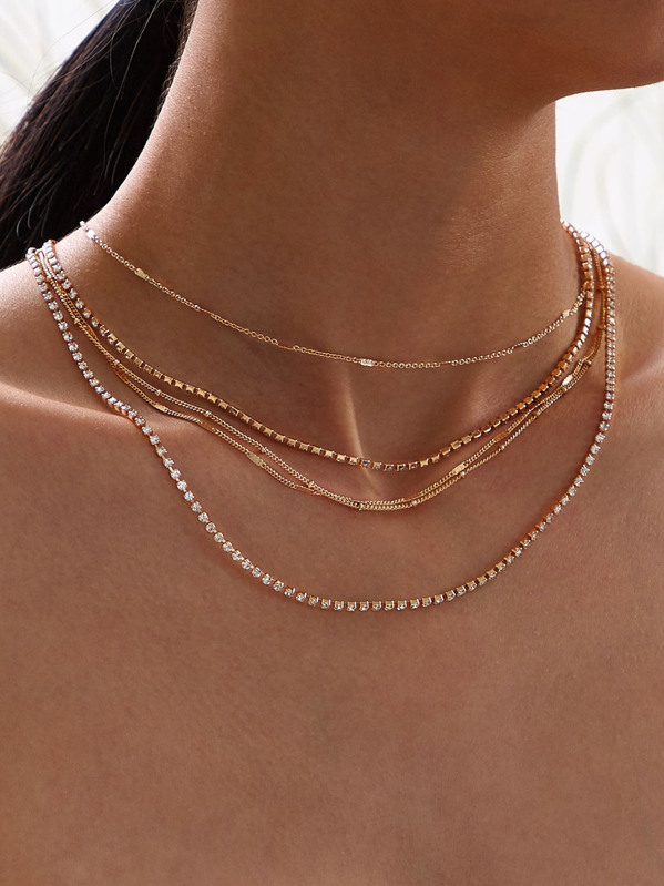 

Rhinestone Engraved Layered Necklace 1pc, Gold