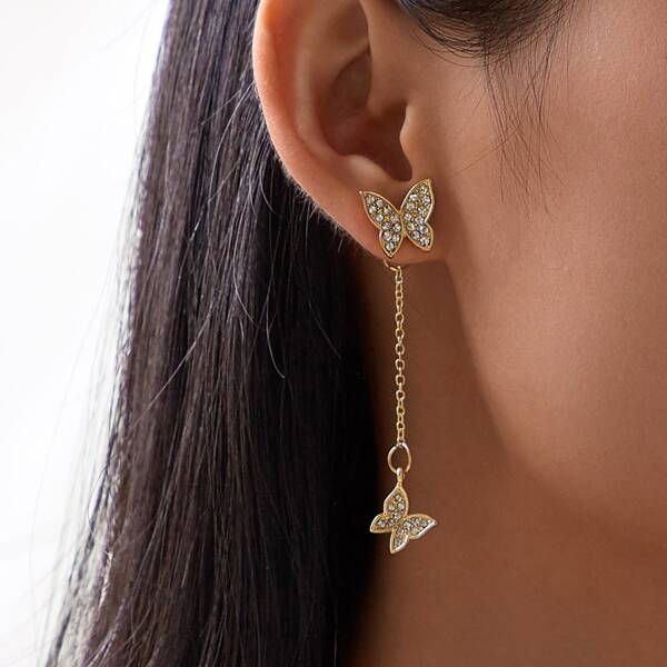 

Rhinestone Decor Butterfly Chain Drop Earrings 1pair, Gold