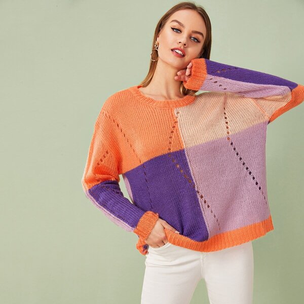 

Drop Shoulder Colorblock Eyelet Sweater, Multicolor