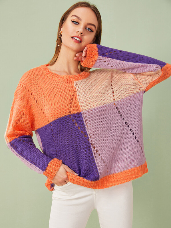 

Drop Shoulder Colorblock Eyelet Sweater, Multicolor, Rasa
