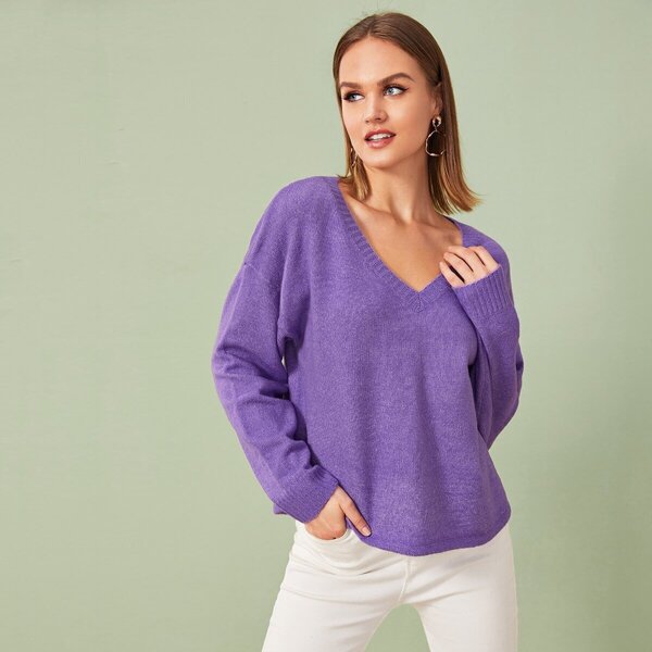

Drop Shoulder Curved Hem Sweater, Purple
