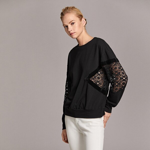 

Lace Insert Velvet Tape Trim Pullover, Black