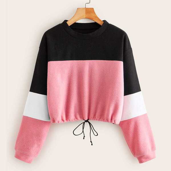 

Cut And Sew Panel Drawstring Hem Teddy Sweatshirt, Multicolor