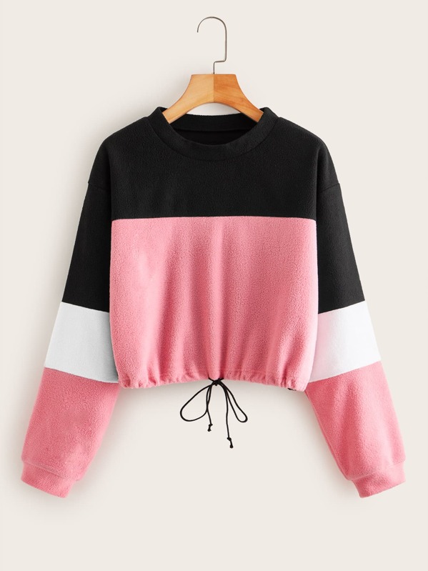 

Cut And Sew Panel Drawstring Hem Teddy Sweatshirt, Multicolor