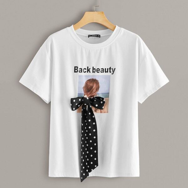 

Bow Detail Slogan and Figure Print Top