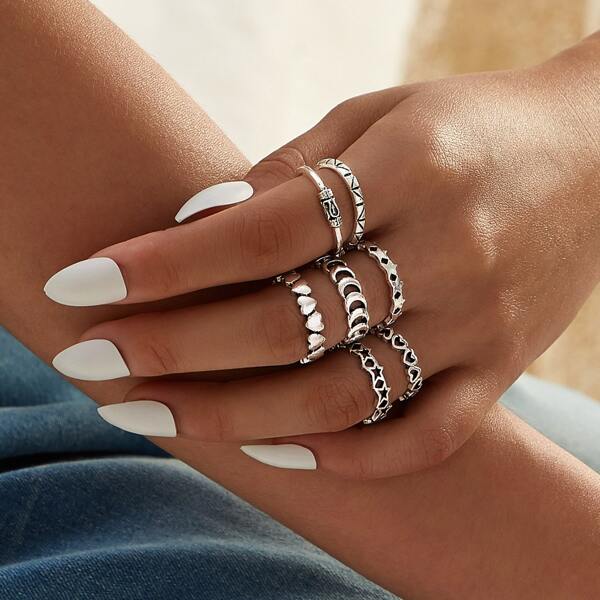 

Hollow Out Decor Ring 7pcs, Silver