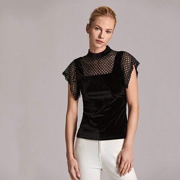 

Premium Guipure Lace Yoke Velvet Top, Black