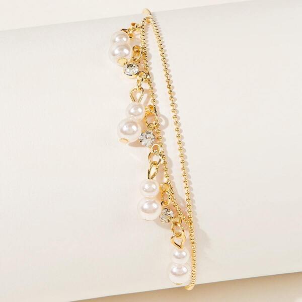 

Faux Pearl & Rhinestone Charm Chain Anklet 1pc, Gold