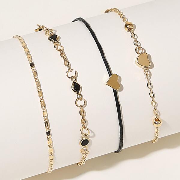 

Heart Decor Chain Bracelet 4pcs, Gold