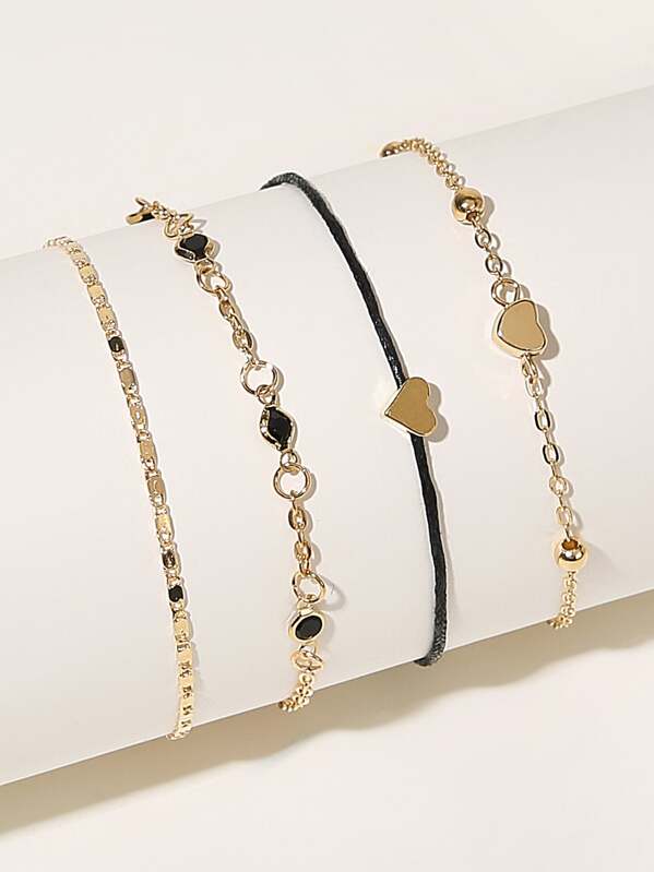 

Heart Decor Chain Bracelet 4pcs, Gold