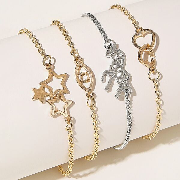 

Heart & Star Decor Chain Bracelet 4pcs, Multicolor