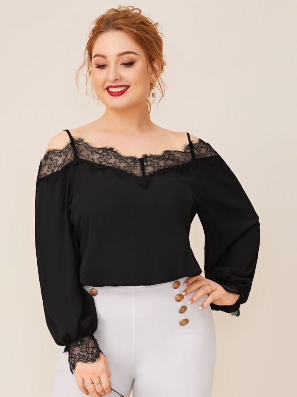 

Plus Cold Shoulder Lace Trim Top, Black, Nora