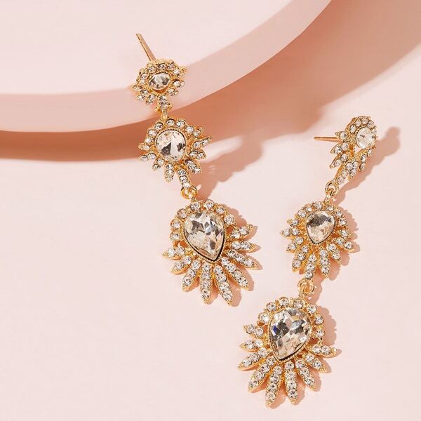 Tiered Rhinestone Engraved Flower Drop Earrings 1pair, Multicolor