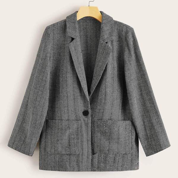 

Herringbone Pattern Single Button Blazer, Grey
