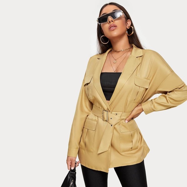 

Flap Pocket Belted Cargo Blazer, Khaki pastel