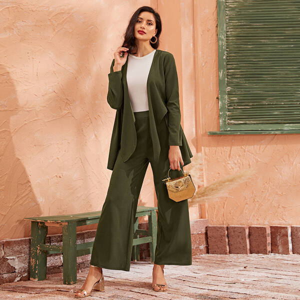 Tie Front Ruffle Hem Top & Palazzo Pants Set, Army green
