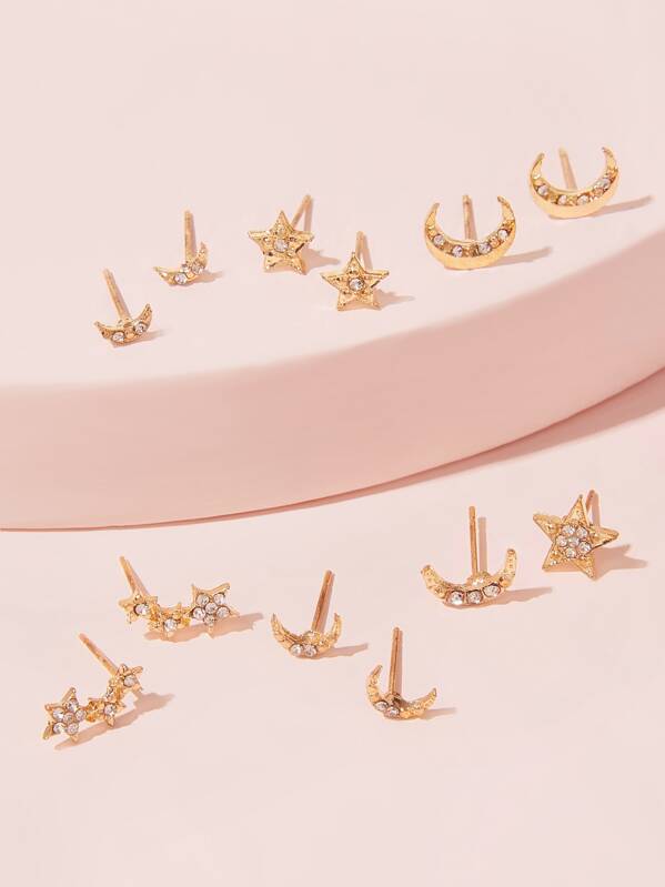 

Rhinestone Engraved Star & Moon Stud Earrings 6pairs, Gold