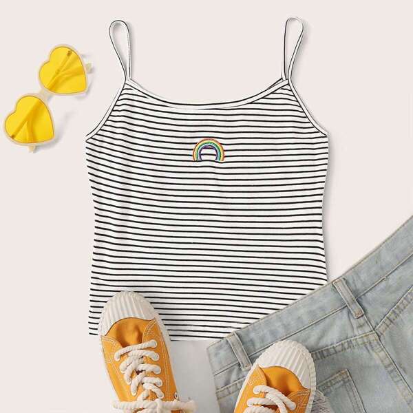 

Embroidered Rainbow Striped Cami Top
