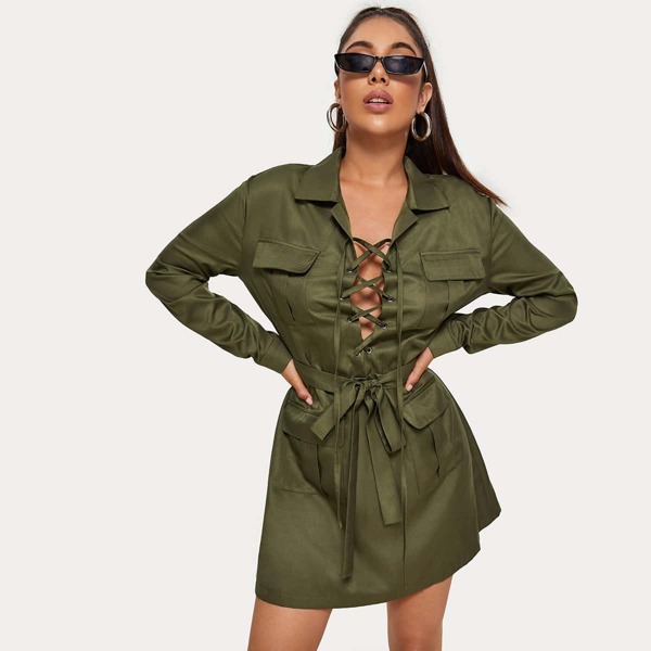 

Lace Up Front Belted Shirt Dress