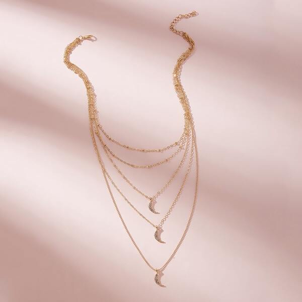 

Rhinestone Moon Charm Layered Necklace 1pc, Gold
