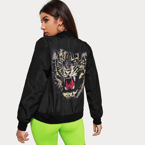 

Tiger Print Zipper Bomber Jacket
