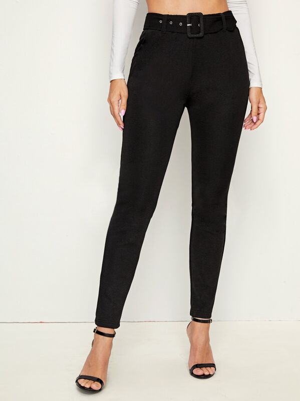 Adjustable Belted Skinny Pants, Black, Denise