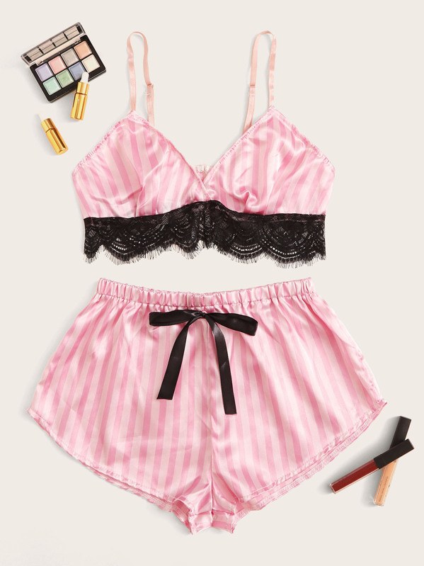 

Eyelash Lace Striped Satin Lingerie Set, Pink