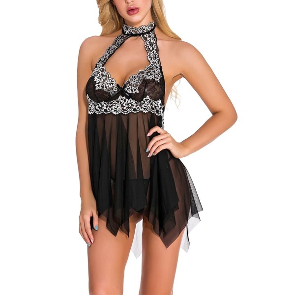 

High Neck Floral Lace Asymmetrical Hem Dress With Thong
