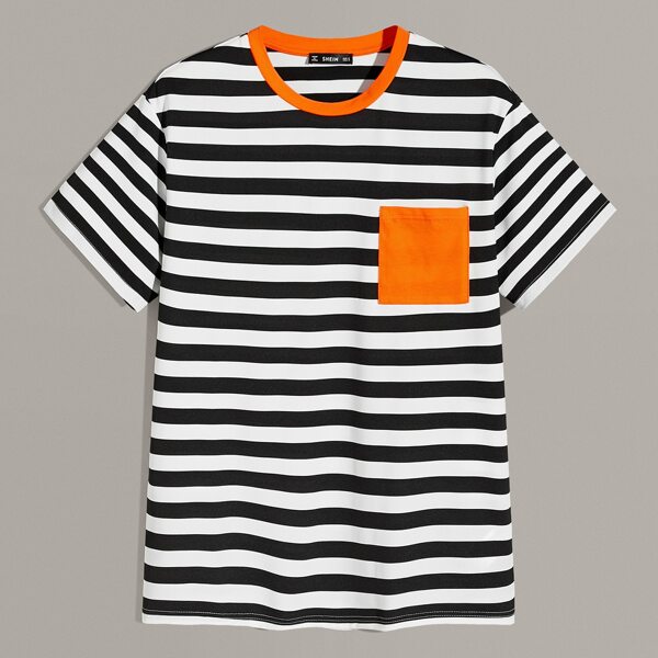 

Men Neon Orange Neck and Pocket Patched Striped Top, Black and white